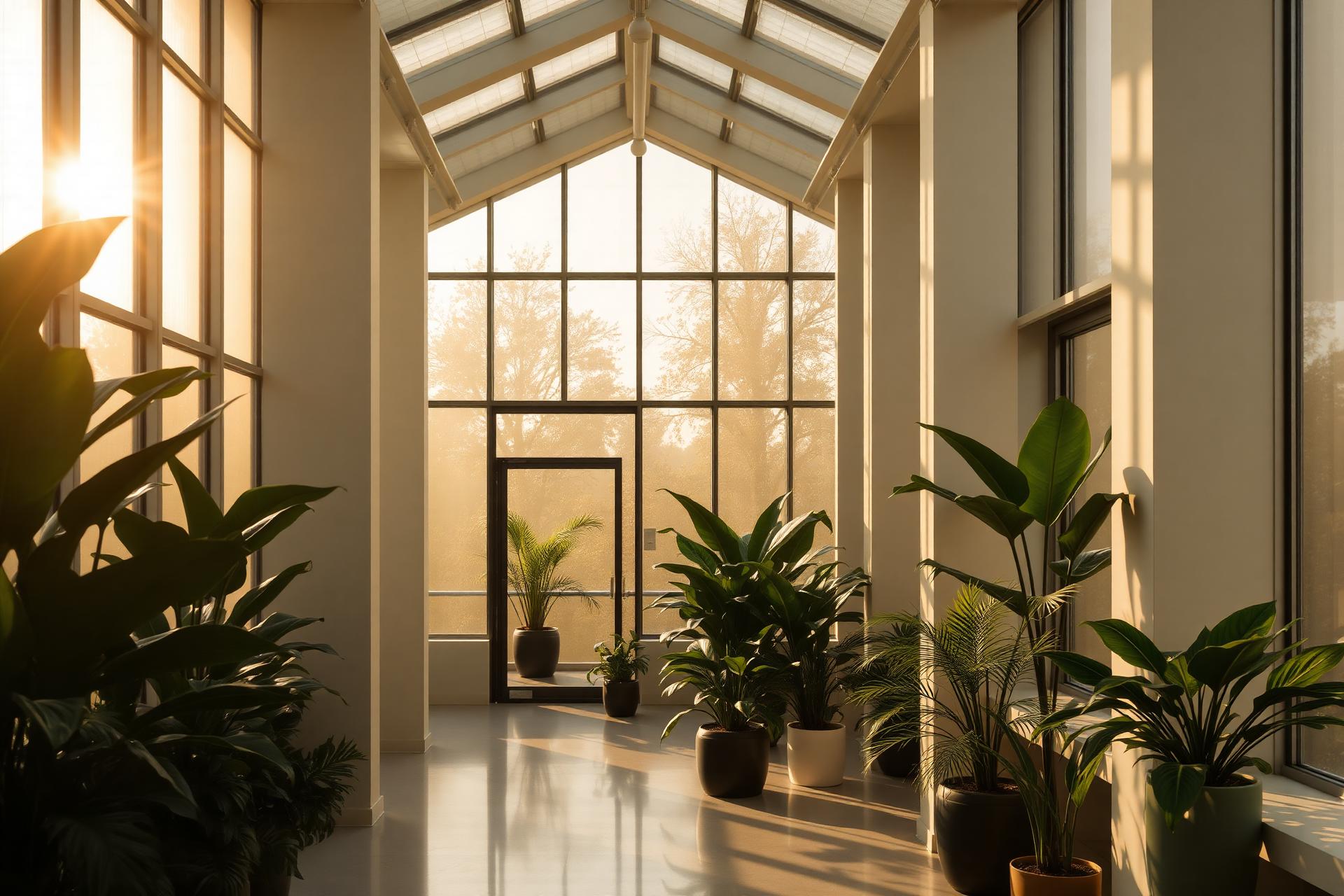 Modern greenhouse interior with golden light